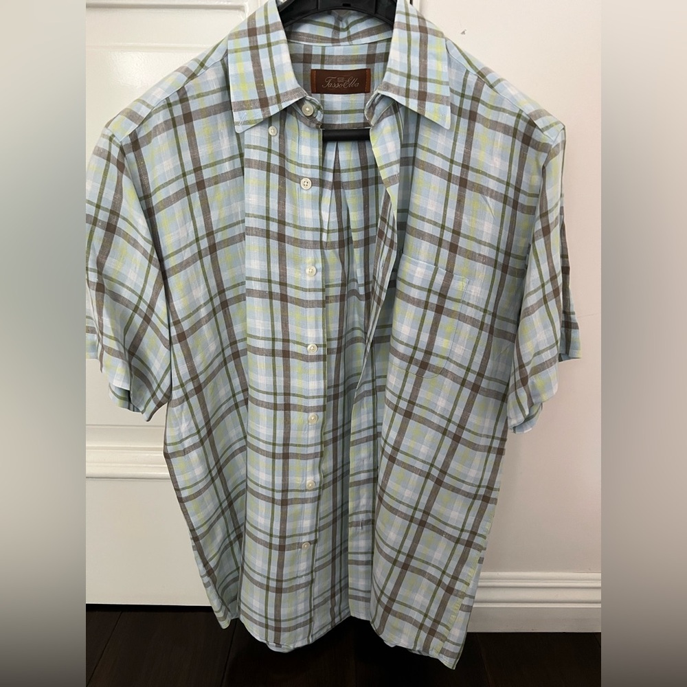 Tasso Elba Light Green and Brown Plaid Shirt